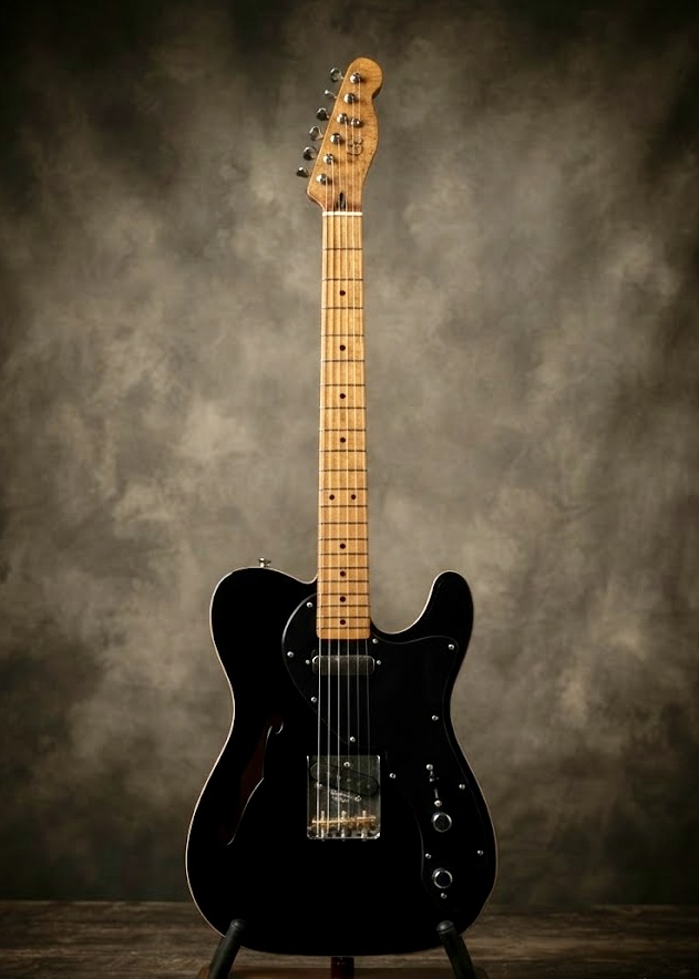 Black Thinline Hollow-Body with Roasted Flame Maple Neck. 3-Way Dimarzio Twang King Pickups