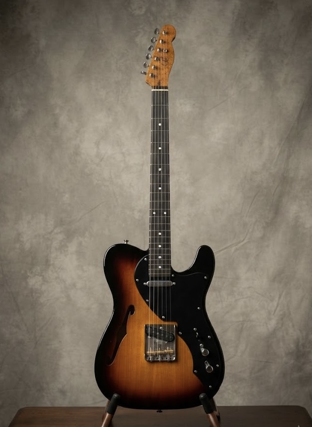 Sunburst Thinline hollow-body with Ebony fingerboard. 3-Way Dimarzio Twang King Pickups