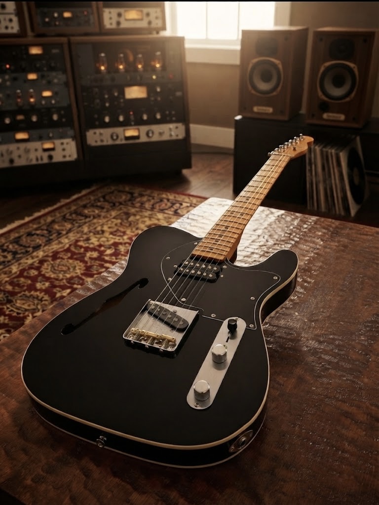 Custom electric guitar with sunburst finish on a luthier's workbench